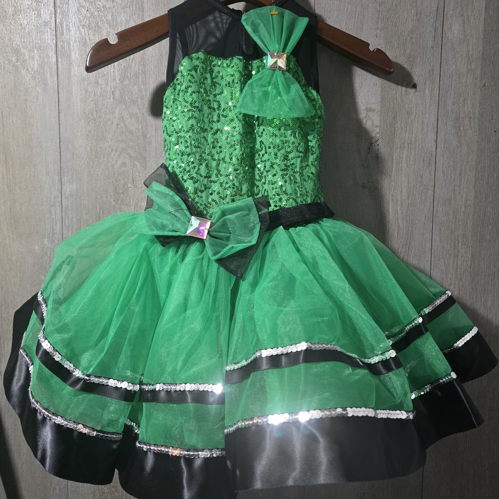 Weissman Green and Black Sequin Dance Costume Attached Hair Bow Size SC 6/6x